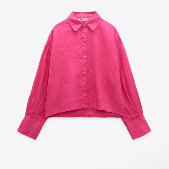 Zara Magenta Fuchsia Cropped Boxy Button Down Linen Shirt - Picture 11 of 12